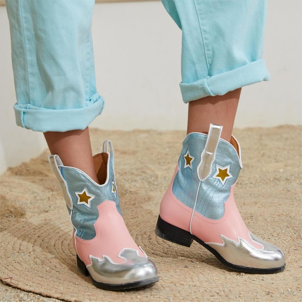 Girls Cowboy Boots Kids Western Cowgirl Mid-Calf Pull-On Riding Shoes - Picture 2 of 7